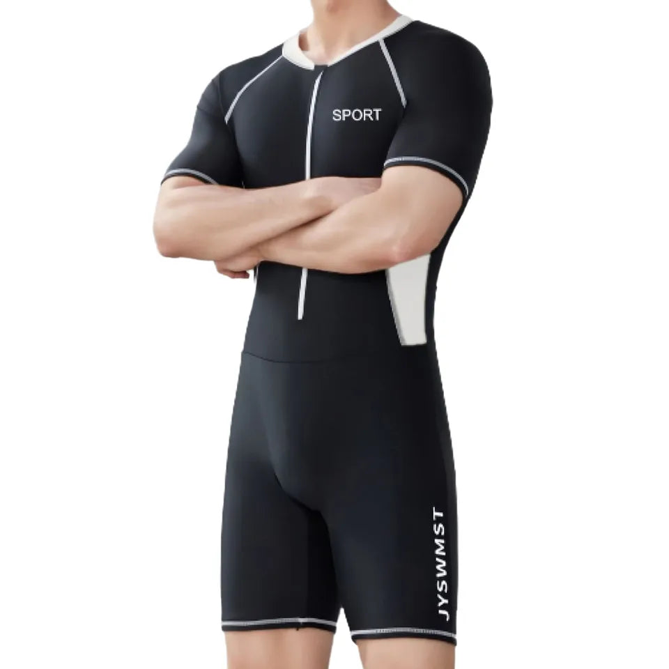 Mens Swim Leotard One-Piece Swimsuit Bathing Suit Beachwear Swimwear Short Sleeve Front Zipper Jumpsuit Beach Rash Guard Wetsuit