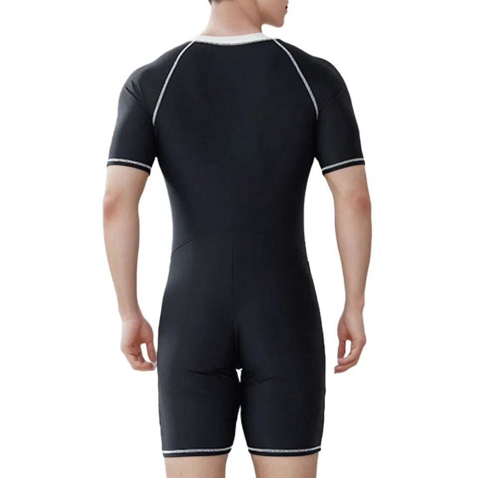Mens Swim Leotard One-Piece Swimsuit Bathing Suit Beachwear Swimwear Short Sleeve Front Zipper Jumpsuit Beach Rash Guard Wetsuit