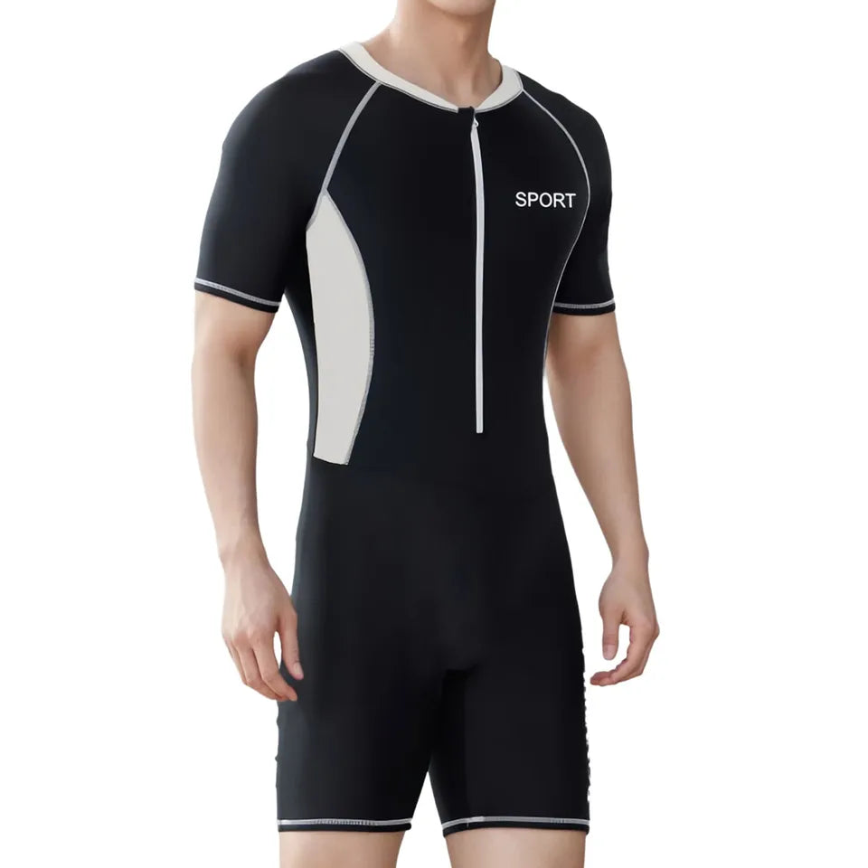 Mens Swim Leotard One-Piece Swimsuit Bathing Suit Beachwear Swimwear Short Sleeve Front Zipper Jumpsuit Beach Rash Guard Wetsuit