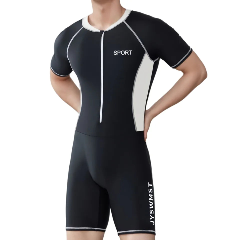 Mens Swim Leotard One-Piece Swimsuit Bathing Suit Beachwear Swimwear Short Sleeve Front Zipper Jumpsuit Beach Rash Guard Wetsuit