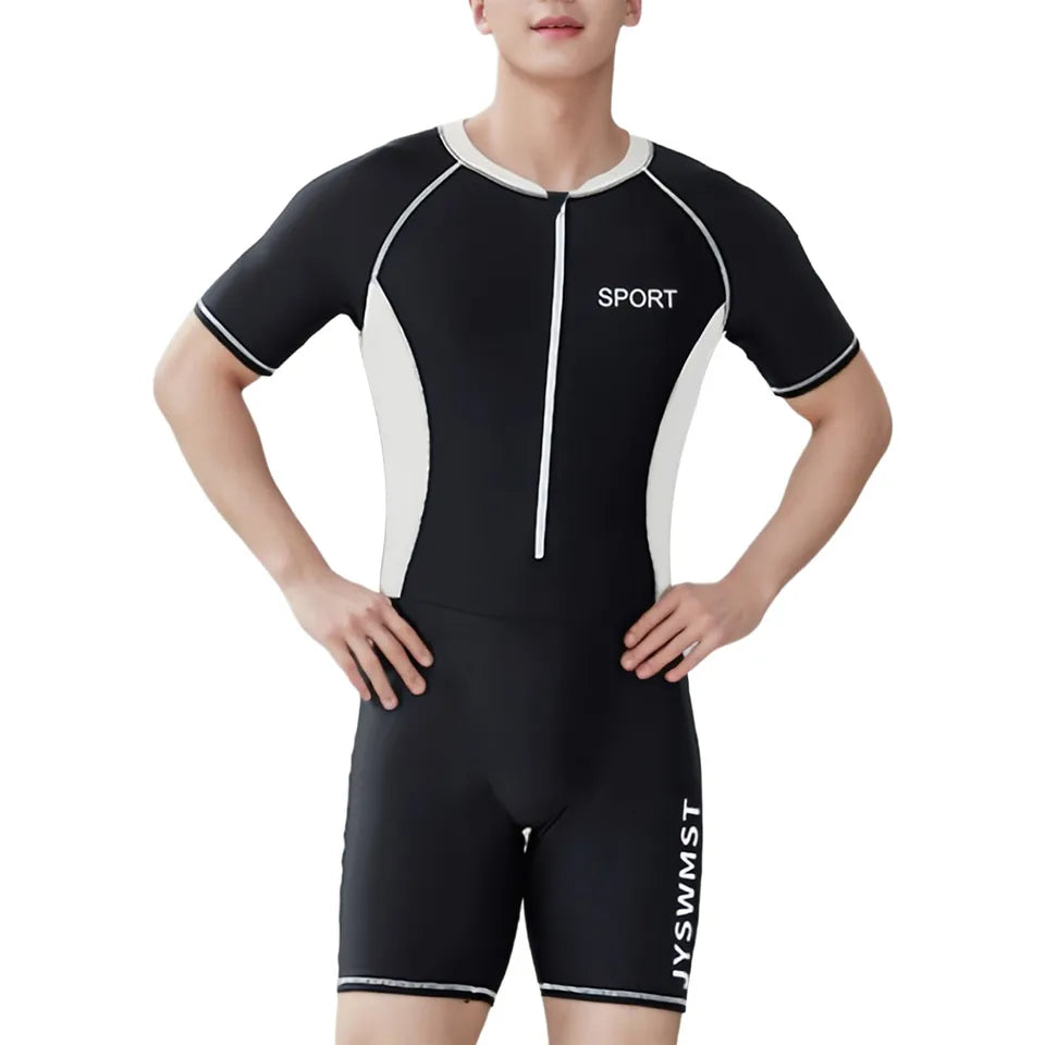 Mens Swim Leotard One-Piece Swimsuit Bathing Suit Beachwear Swimwear Short Sleeve Front Zipper Jumpsuit Beach Rash Guard Wetsuit